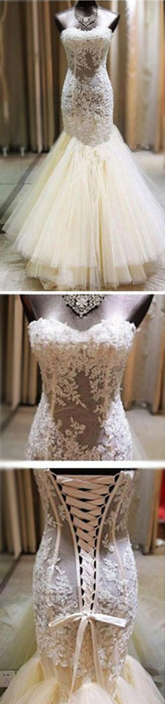 Sexy Ivory Lace Sweetheart Strapless Clairvoyant Outfit Mermaid  Lace Up Back Tulle Wedding Party Dresses, WD0051