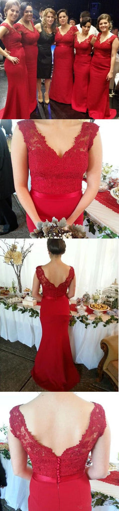 Long Red Lace Sleeveless Column V-Neck Little Mermaid Sweep Trailing Plus Size Sexy Bridesmaid Dresses, WG53