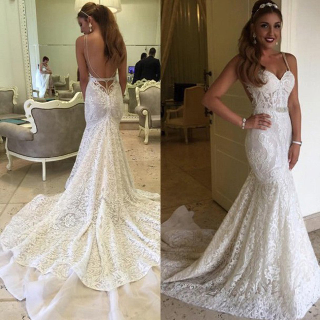 Sexy Mermaid Spaghetti Strap Sweetheart Backless Full Lace Chapel Trailing Wedding Party Dresses, WD0053