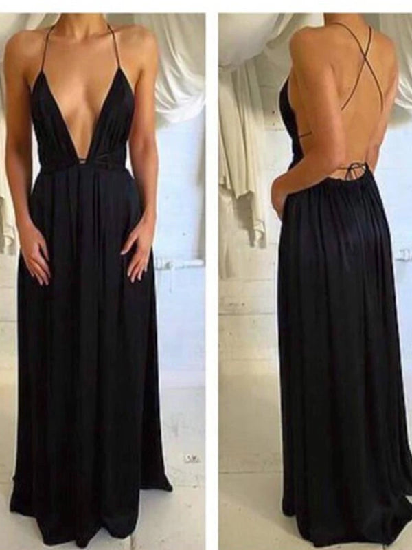 Cheap Long Black Spaghetti Straps Simple Deep V-neck Open Back Sexy Party Prom Dress,PD0060