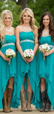 Popular High Low Chiffon Simple Straight Across Vintage Country Long Bridesmaid Dresses for Wedding Party, WG84