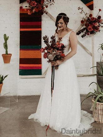 Sexy V-neck Tulle With Lace Open Back Wedding Dresses With Appliques,DB10265