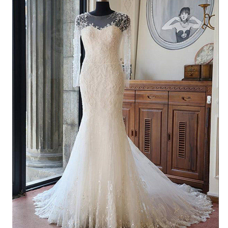 Sexy Long Illusion Sleeves Mermaid Lace Appliques Yarn Back Chapel Trailing Wedding Party Dresses, WD0035