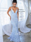 Mermaid V-neck Open Back Lace Long Prom Dresses Evening Dresses.DB10375