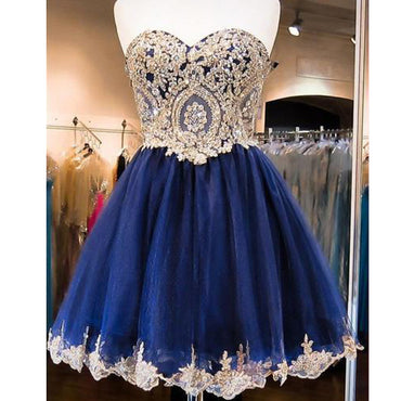Vintage Navy Blue Strapless Sweetheart Lace Appliques Beads Mini Homecoming Prom Dresses, CM0027