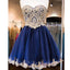 Vintage Navy Blue Strapless Sweetheart Lace Appliques Beads Mini Homecoming Prom Dresses, CM0027