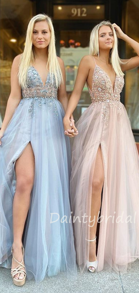 Sexy V-neck A-line Tulle Long Evening Prom Dresses Fashion Dresses.DB10396