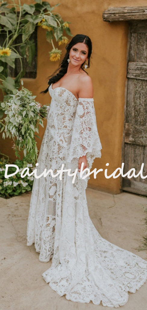 Charming Off-shoulder Sweetheart Simple Lace Vintage Wedding Dresses, DB10736