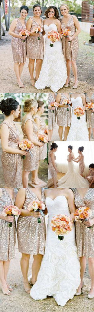 Hot Sale Cheap Sequin Sleeveless V-Neck Shinning Knee-Length Column Short  Bridesmaid Dress, WG13