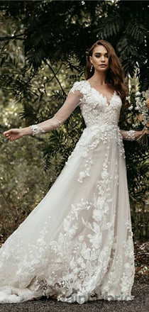 Gogerous V-neck Tulle With Appliques Open Back Wedding Dresses,DB10266