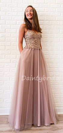 Charming Spaghetti Strap Floor-length Tulle Beads Long Prom Dresses Evening Dresses.DB10601