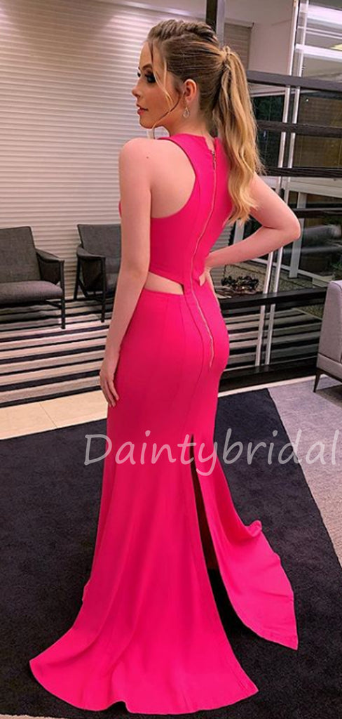 Charming Deep V-neck Mermaid Slit Satin Zipper Up Prom Dresses Evening Dresses.DB10486