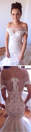 Charming Sexy Off Shoulder Yarn Button Back Mermaid Lace Appliques Wedding Party Dresses, WD0061