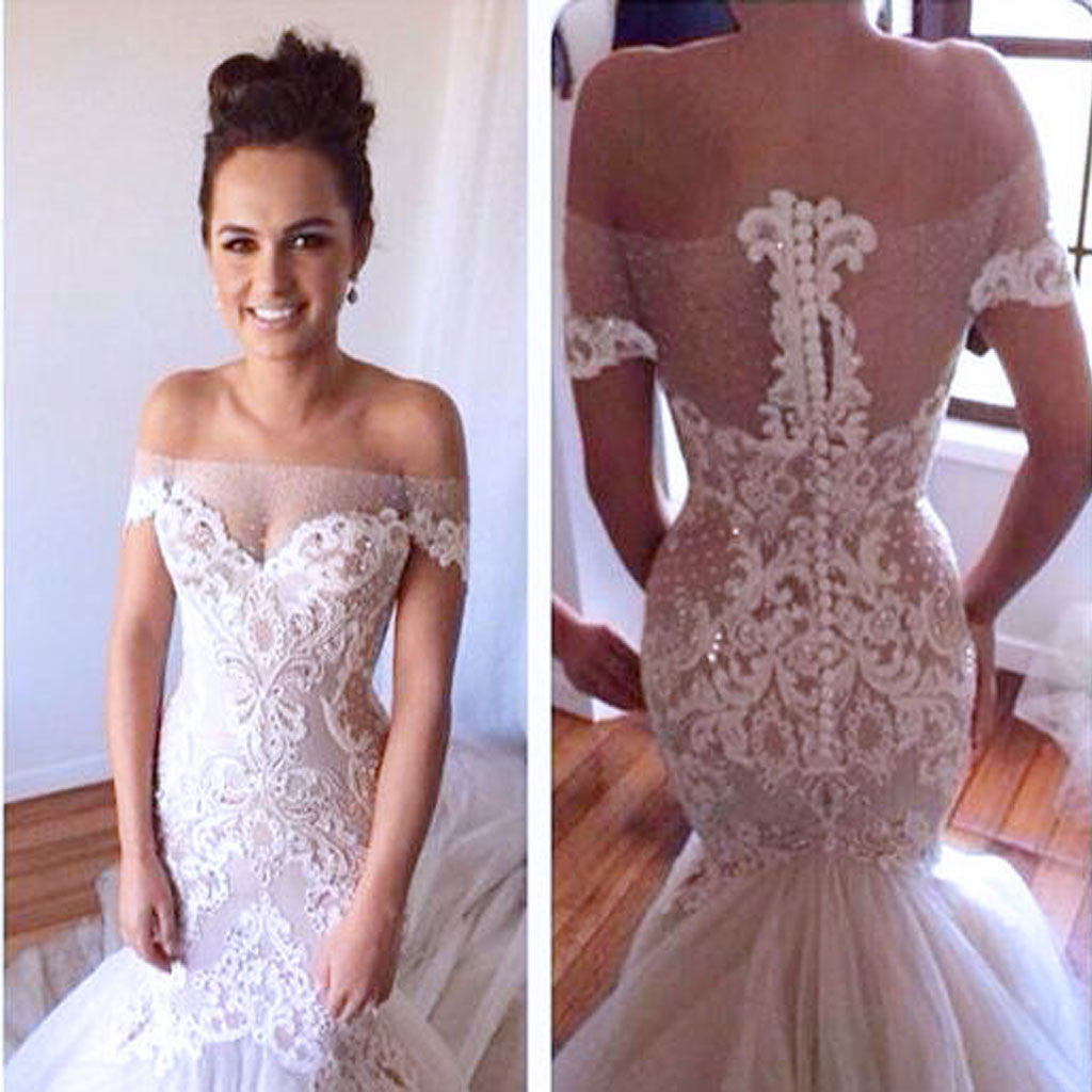 Charming Sexy Off Shoulder Yarn Button Back Mermaid Lace Appliques Wedding Party Dresses, WD0061