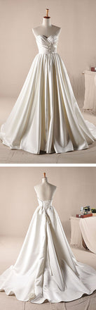 Vintage Simple Style Ivory Sweetheart Long A-line Strapless Pleats Lace Up Back Wedding Party Dresses, WD0064