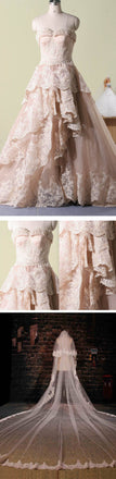 Vintage Pink Lace Sweetheart Strapless Classic Style Long A-line Tiered Skirts Wedding Party Dresses, WD0066