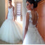 Elegant Spaghetti Strap Appliques Mermaid Ball Gown Open Scoop Back  V-Neck Tulle Train Wedding Dresses. DB0082
