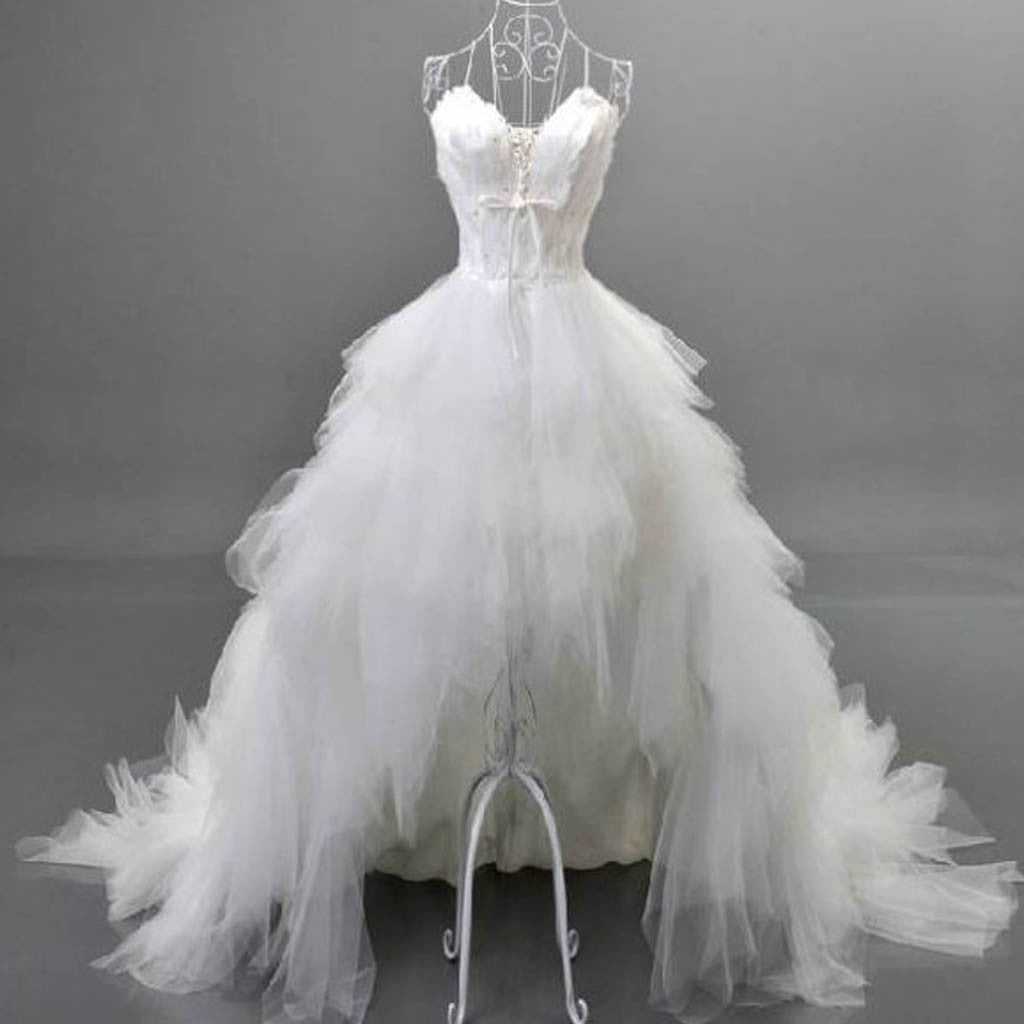 Unique Style Hi low Sweetheart Spaghetti Strap White Feather Lace