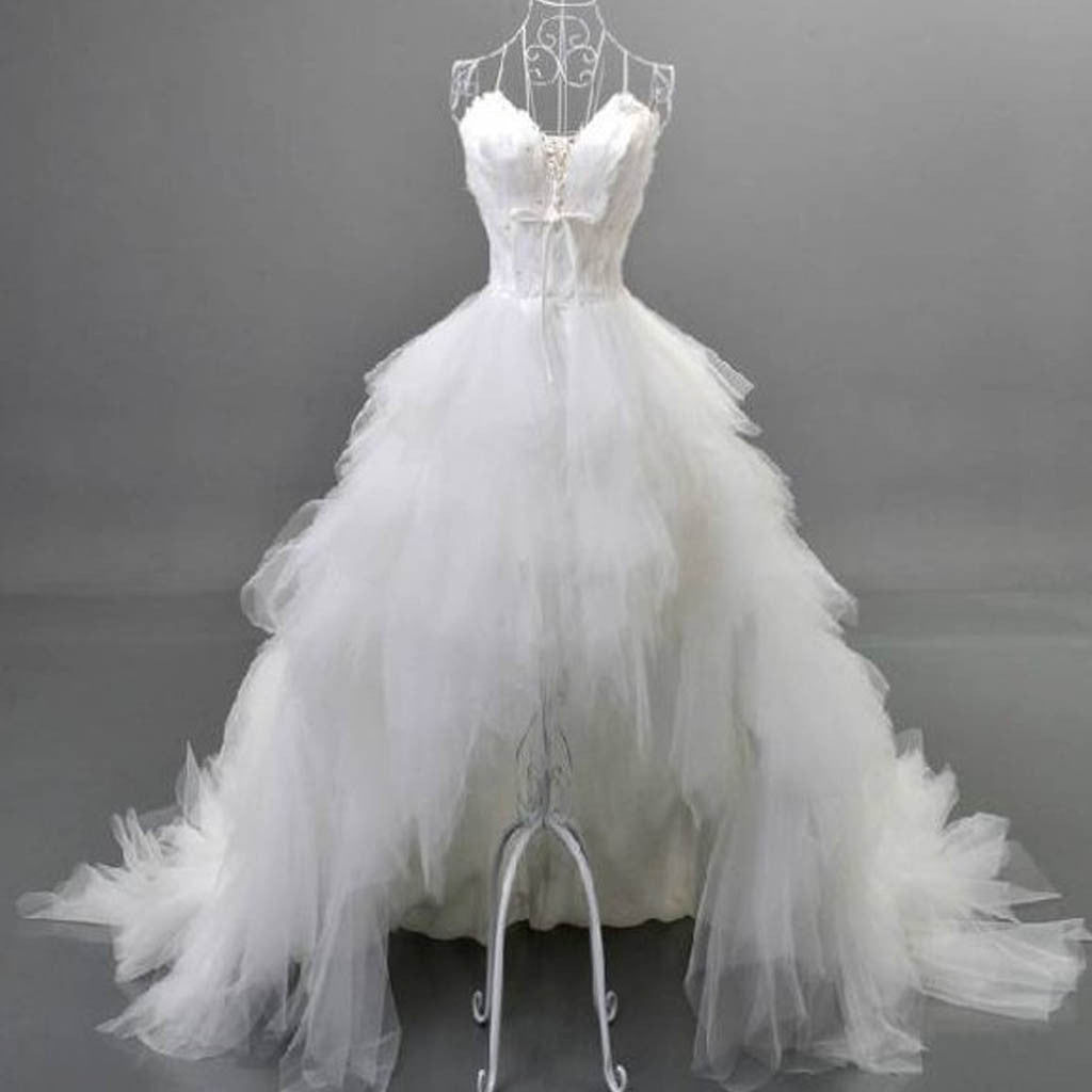 Unique Style Hi-low Sweetheart Spaghetti Strap White Feather Lace Up Tulle Ruffles  Wedding Dresses , WD0067