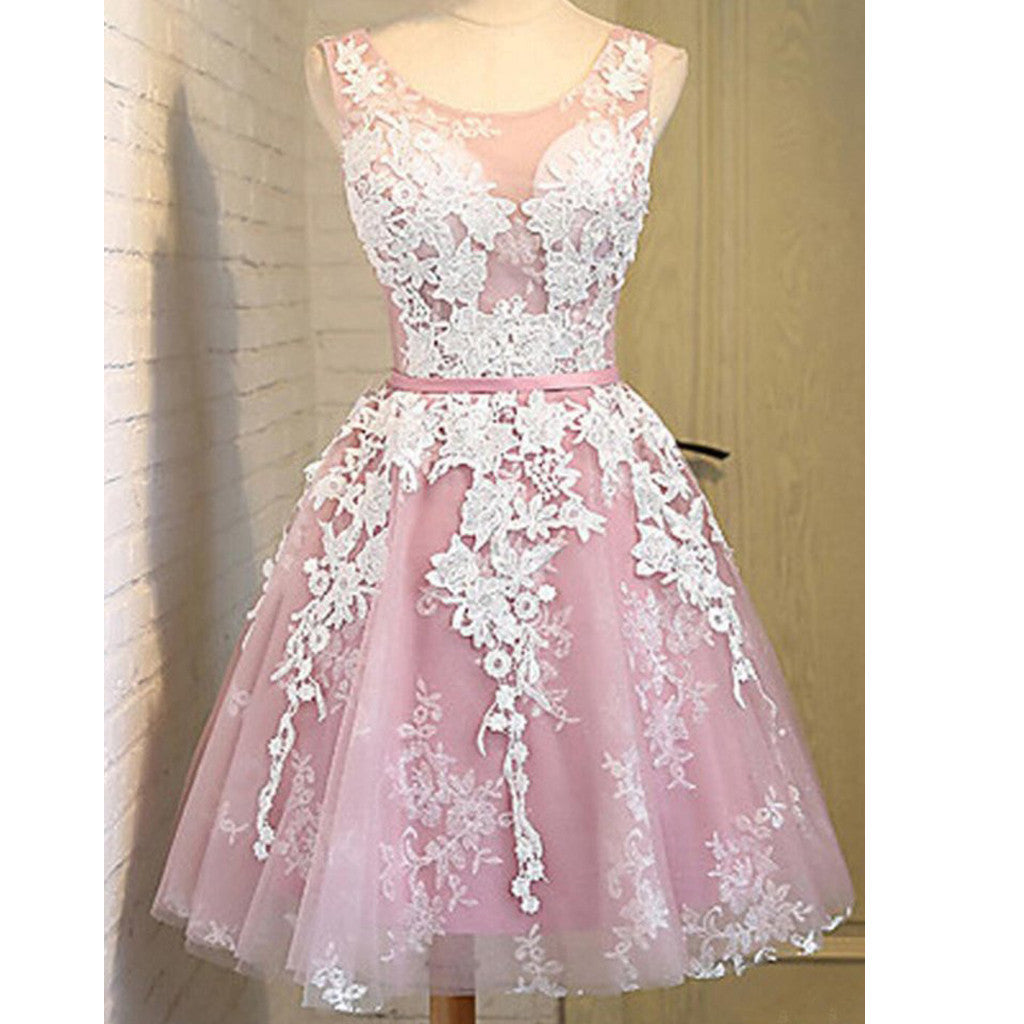 Off shoulder scoop neckline see through short pink homecoming dresses, CM0025