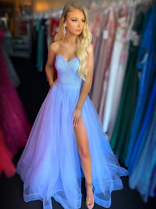 Charming Sweetheart Tulle A-line Side Slit Long Prom Dresses Evening Dresses.DB10616