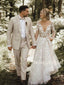 Elegant V-neck Tulle Lace A-line Open Back Long Sleeves Vatage Wedding Dresses.DB10406