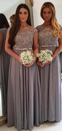 Vintage Cap Sleeve Lace A Line Grey Floor-Length Chiffon Wedding Guest Bridesmaid Dresses For Maid of Honor, WG44