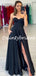 Sexy Black Sweetheart Side Slit A-line Satin Prom Dresses Evening Dresses.DB10791