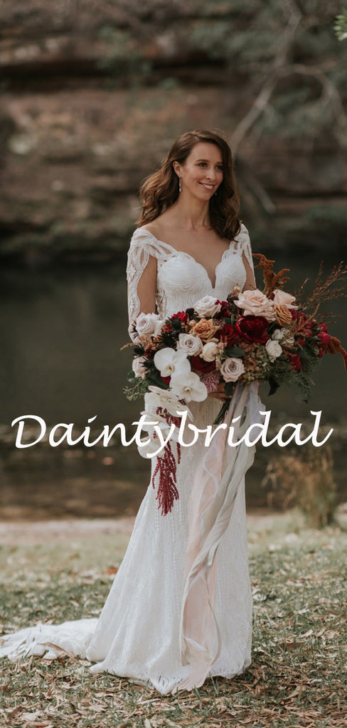 Simple V- neck Long Sleeve Mermaid Lace Long Wedding Dresses.DB10782