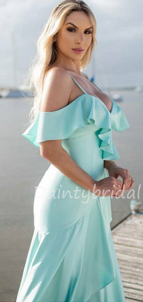 Charming V-neck Off-shoulder A-line Soft Satin Long Prom Dresses Evening Dresses.DB10487