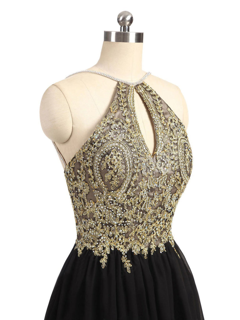 Newest Unique Beading Halter Lace Appliques Top  Black Chiffon Skirt Open Back Homecoming Dress,BD0141