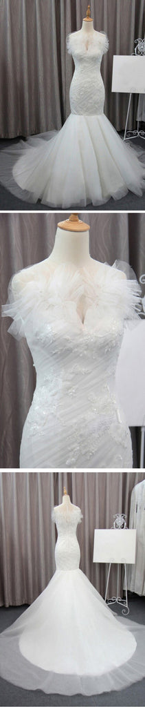 Gorgeous Elegant White Lace Mermaid Sleeveless Tulle Ruffles Collar Chapel Trailing Wedding Party Dresses,  WD0072
