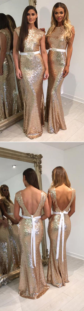 Fashion Design Shinning Sequin Elegant Mermaid Rhinestone Sash Backless Long Bridesmaid Dresses, WG72