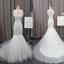 Gorgeous Elegant White Lace Mermaid Sleeveless Tulle Ruffles Collar Chapel Trailing Wedding Party Dresses,  WD0072