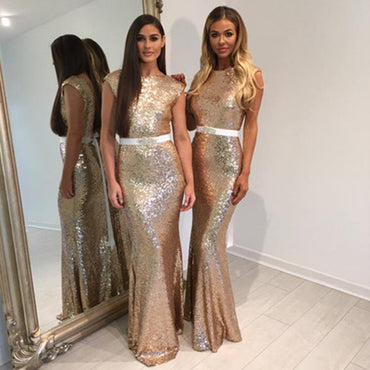 Fashion Design Shinning Sequin Elegant Mermaid Rhinestone Sash Backless Long Bridesmaid Dresses, WG72