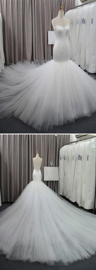 Simple Strapless Mermaid Backless Sweetheart Tulle Cathedral Train Wedding Party Dresses, WD0073