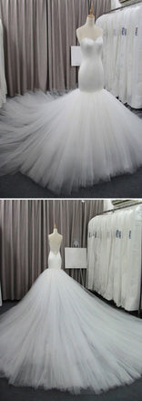 Simple Strapless Mermaid Backless Sweetheart Tulle Cathedral Train Wedding Party Dresses, WD0073