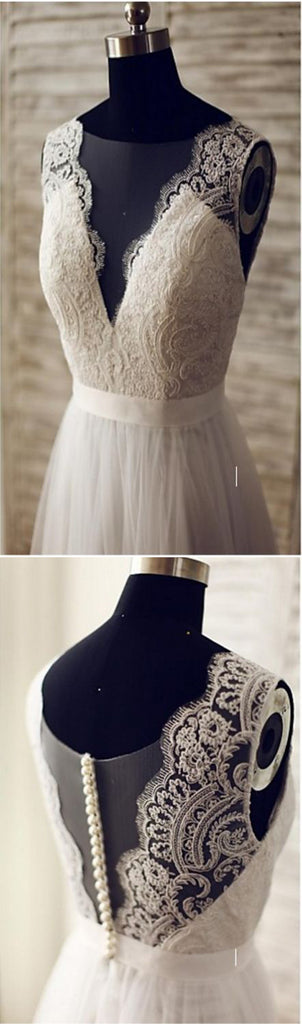 Cheap Simple Elegant Lace V-Neck Deep V-back Sleeveless Floor Length Wedding Bridal Gown Dresses. WD0210