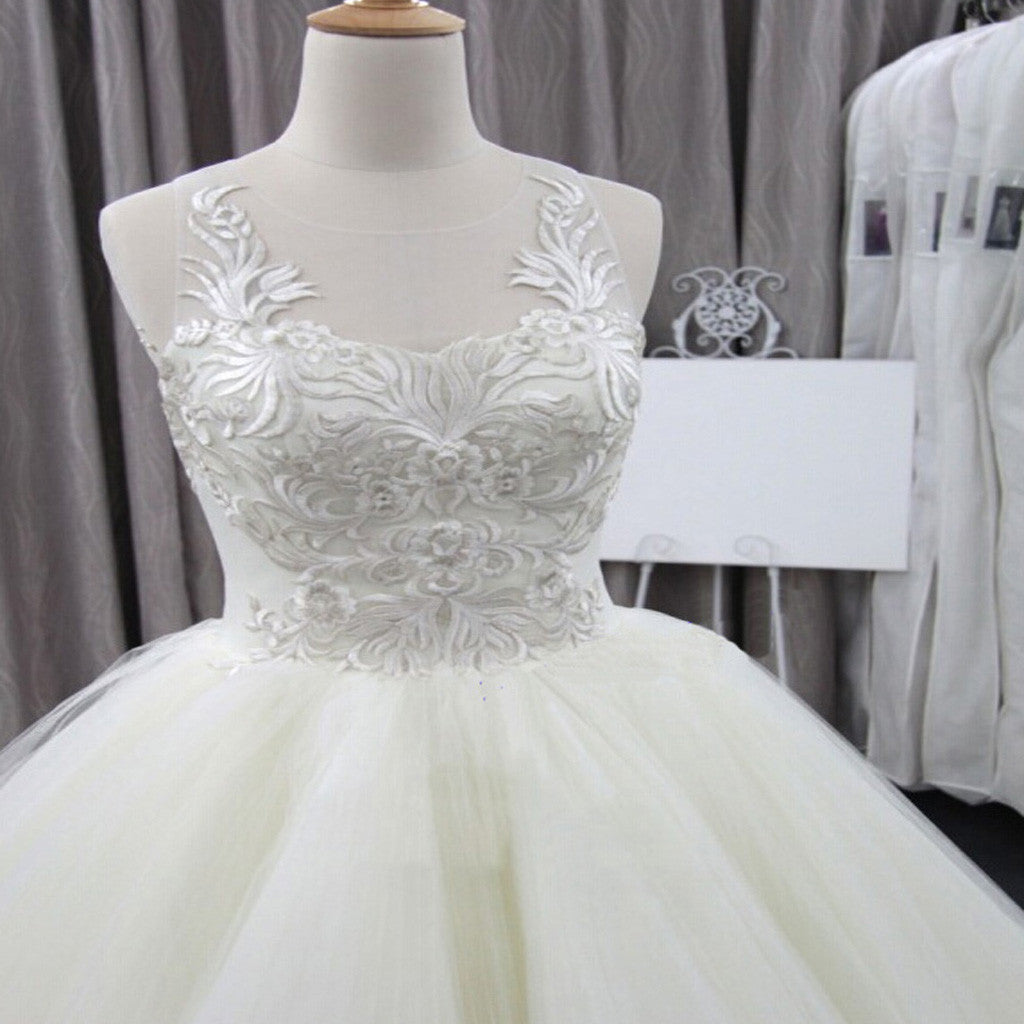 Sleeveless Scoop Yarn Neck  Lace Ivory Tulle Asymmetrical Ball Gown Cathedral Train Wedding Dresses, WD0074