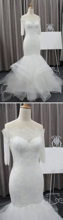 Vintage Off Shoulder Half Sleeve Lace Sexy Mermaid Organza  Ruffles Wedding Party Dresses, WD0075