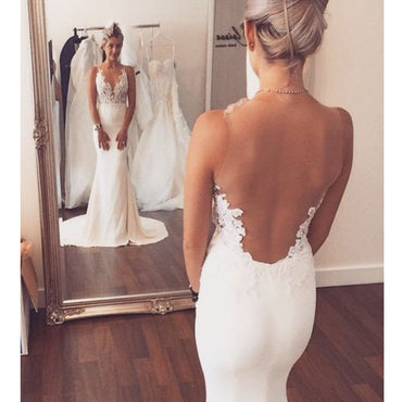 Mermaid Lace Deep V=neck Open Back Long Train Beach Simple Vintage Wedding Bridal Dresses. DB0200