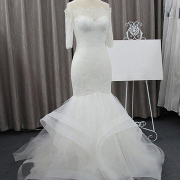 Vintage Off Shoulder Half Sleeve Lace Sexy Mermaid Organza  Ruffles Wedding Party Dresses, WD0075