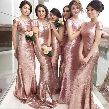 Rose Gold Sequin Short Sleeve Sexy Mermaid  Long  Chapel Trailing Wedding Party Bridesmaid Dresses, WG78