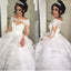 Long Illusion Sleeve Off Shoulder Lace V-neck Tiered Skirts Ball Gown Vintage Wedding Bridal  Dresses. DB0280
