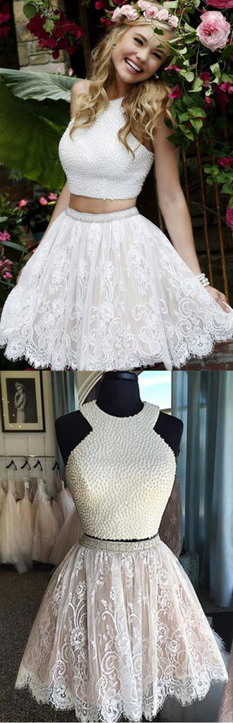 Sexy Two Pieces Halter Lace skirt Pearls bodice Cute homecoming dresses, CM0010