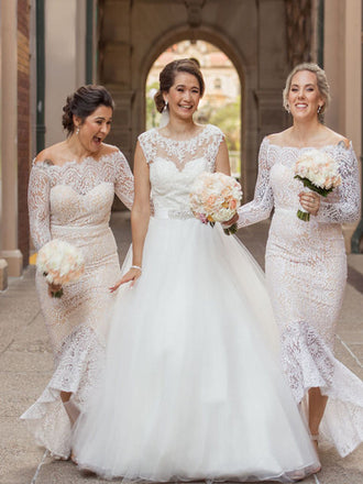 Mermaid Charming Straight Long Sleeve Lace Evening Dresses Bridesmaid Dresses.DB10722