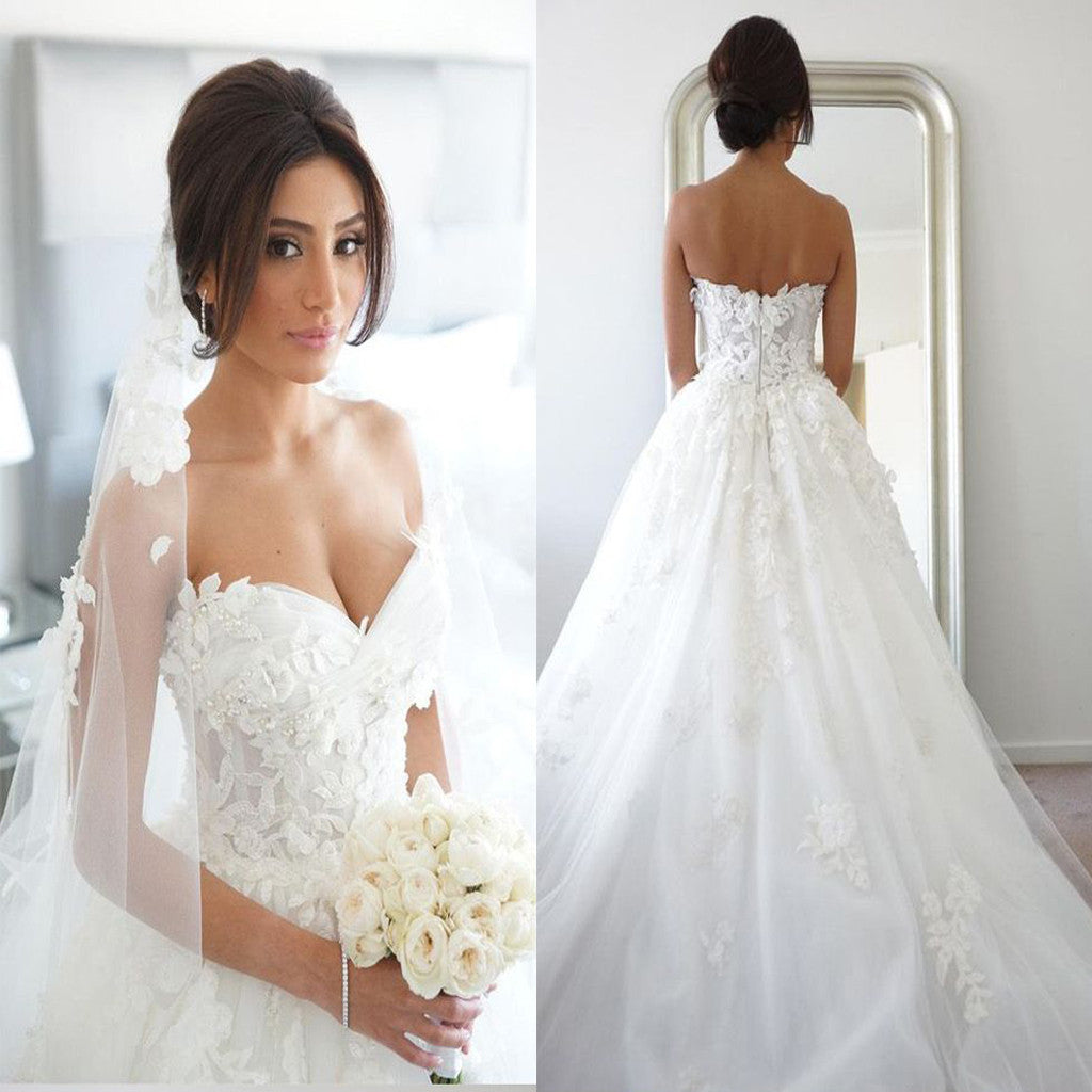New Arrival Strapless Sweetheart Lace Appliques Charming Elegant Hot Sale Wedding Dresses. WD0175