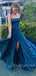 Charming Spaghetti Strap A-line Velvet Side Silt Long Prom Dresses Evening Dresses.DB10368