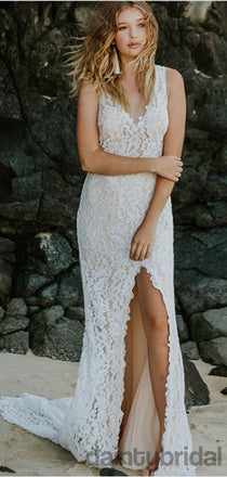 Sexy V-neck Lace V-Back Slit Wedding Dresses,DB10258