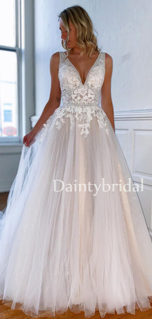 Charming V-eck Tulle V-back With Appliques A-line Long Wedding Dresses.DB10643